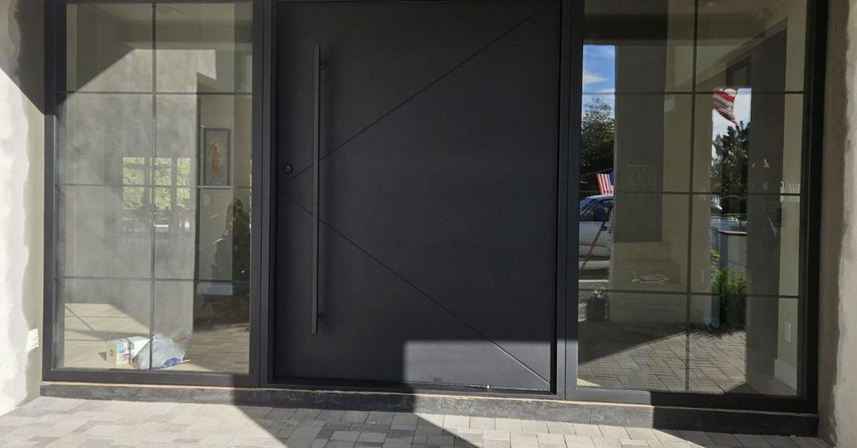 Large-format modern pivot door framed by floor-to-ceiling glass sidelights, creating a dramatic entrance with a sophisticated architectural aesthetic.