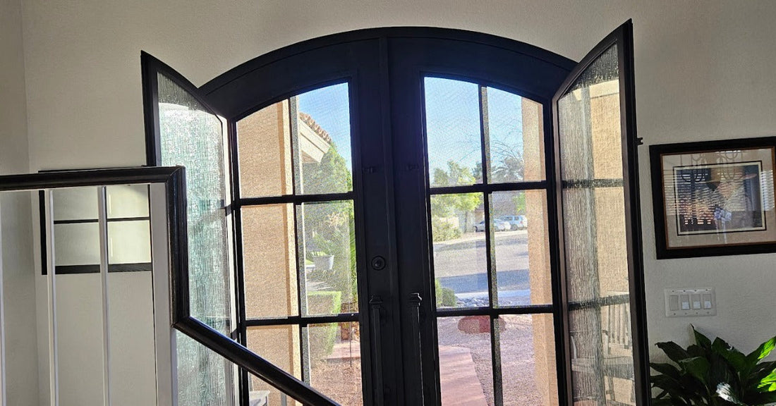 Open black double entry doors with divided glass panels brighten a foyer beside a staircase and potted plant.
